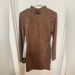 Chic Brown and Gold Mini Long Sleeve Dress